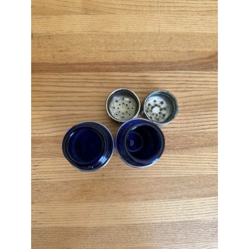 Vintage Cobalt Blue Salt & Pepper Shakers, Silver Plate Filigree Leonard,  Japan